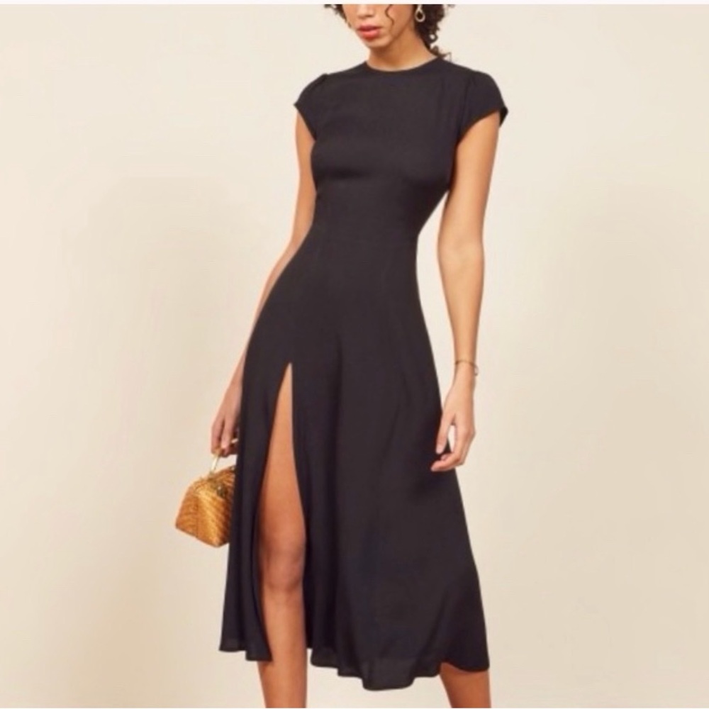 Reformation Black Midi Dress with Side Slit- Gavin Dress